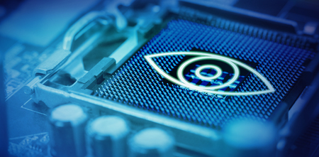 flare against close-up of micro parts of computer chip