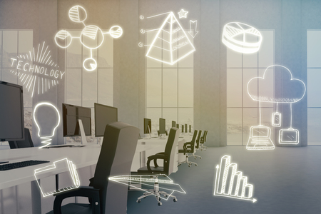 Composite image of computer icons on white background against empty office with desks and computers 3dの写真素材