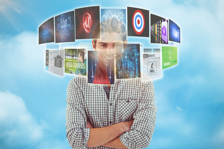 Smiling crestive business man against blue background 3dの写真素材
