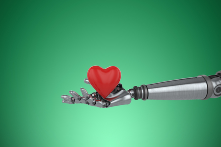 3d image of cyborg holding heard shape decoration  against green vignetteの写真素材
