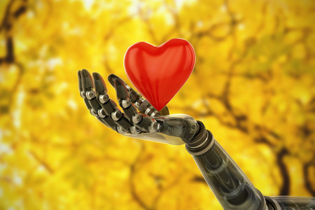 3d image of bionic person holding heard shape decoration against branches and autumnal leavesの写真素材