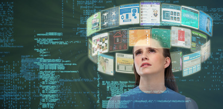 Low angle view of sad woman looking up against green background 3dの写真素材