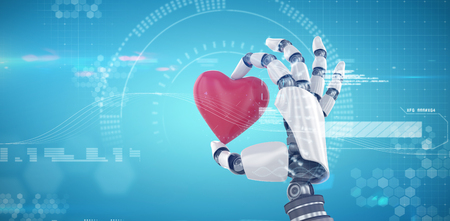 3d image of cyborg holding red heart shape decor against digitally generated image of speedometerの写真素材