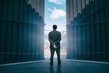 Rear view of classy businessman posing against scenic backdrop 3dの写真素材