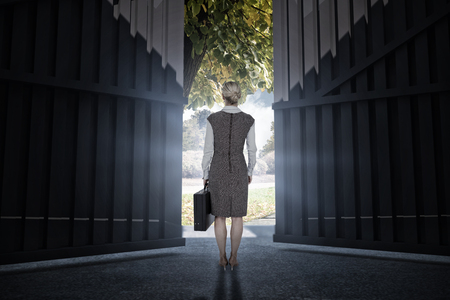 Back turned businesswoman holding a briefcase against scenic backdrop 3dの写真素材