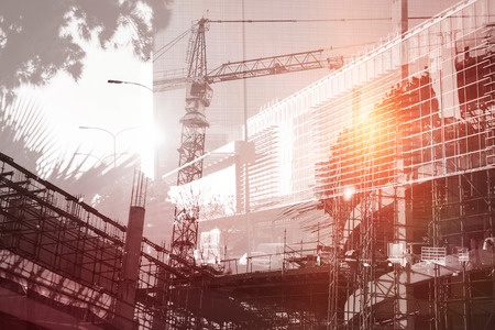 Work in progress in the city against front side of buildingsの写真素材