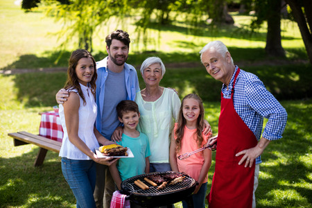 Portrait of multi generation family standing near the barbeque in parkの写真素材