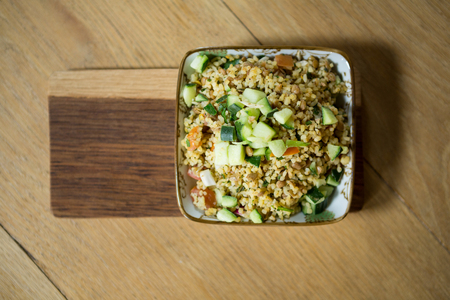 Overhead shot of food served in plate on table at coffee shopの写真素材