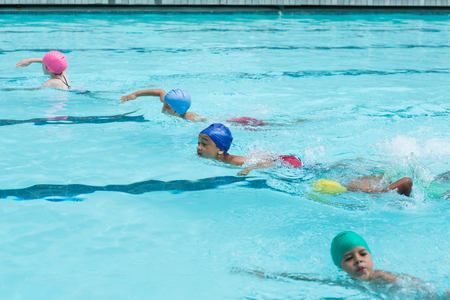 High angle view of girls and boys swimming in poolの写真素材