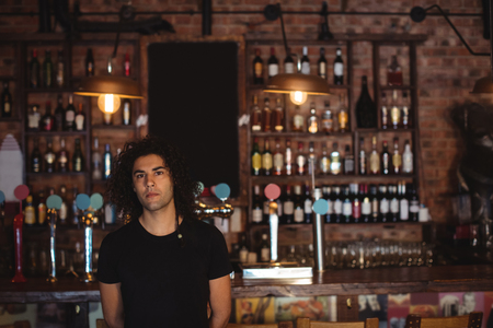 Portrait of male bar tender standing at bar counterの写真素材
