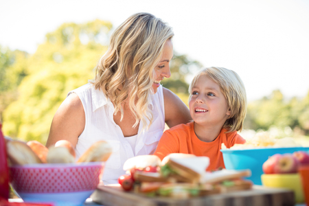 Mother and son interacting with each other while having meal in park on a sunny dayの写真素材