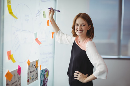 Portrait of smiling executive writing on sticky note in office