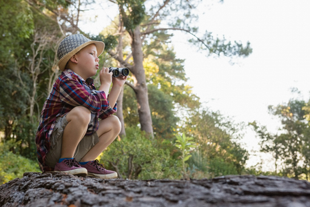 Boy sitting on the tree trunk with binoculars in the forestの写真素材