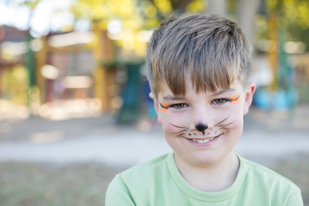 Portrait of cute boy with face paint at playgroundの写真素材