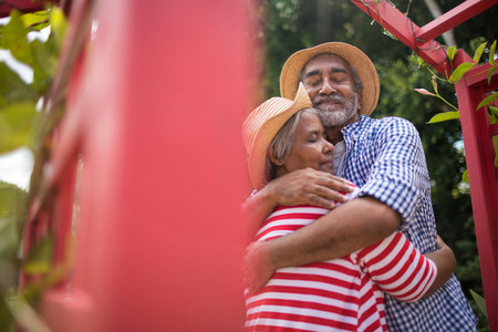 Low angle view of affectionate senior couple embracing while standing by metallic structure in yardの写真素材