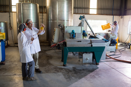 Technicians examining olive oil in factoryの写真素材