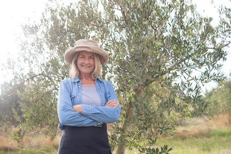 Portrait of happy woman standing in olive farm on a sunny dayの写真素材