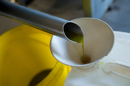 Olive oil being produced from machine in factoryの写真素材