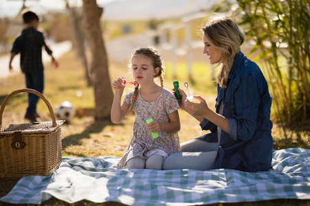 Mother and daughter blowing bubble in park on a sunny dayの写真素材