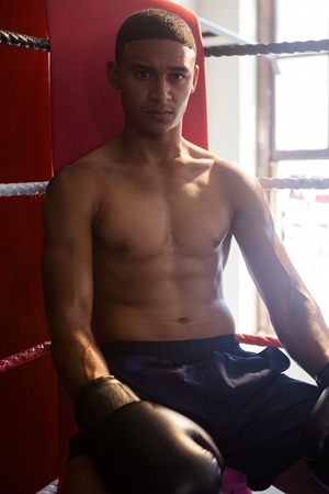 Portrait of confident man sitting in boxing ring at fitness studioの写真素材