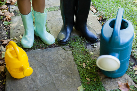 Low section of senior woman and granddaughter standing by watering cans on walkway at backyardの写真素材