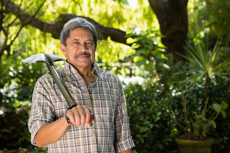 Portrait of senior man standing in garden on a sunny dayの写真素材