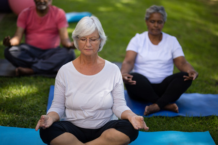Senior woman with friends meditating while sitting at parkの写真素材