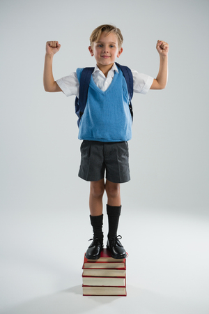 Portrait of schoolboy standing on books stack against white backgroundの写真素材