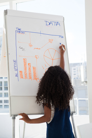 Rear view of kid businesswoman writing on whiteboard during meeting in officeの写真素材