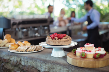 Desserts at counter in restaurant