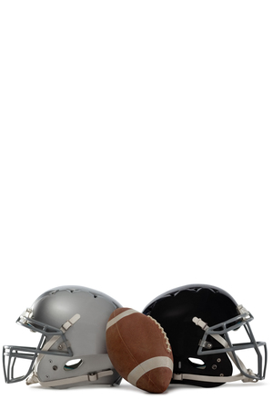American football with helmets on white backgroundの写真素材