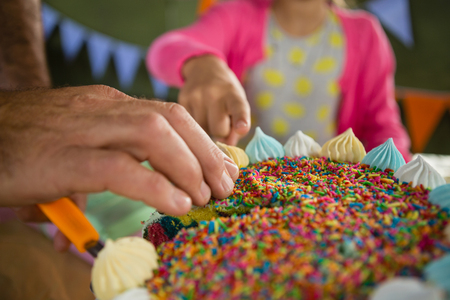 Father and daughter celebrating birthday together at homeの写真素材