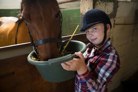 Adorable girl feeding the horse in the stableの写真素材