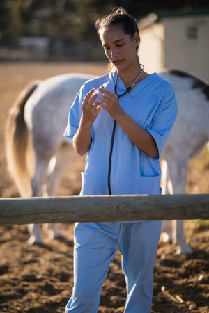 Female vet examining syringe while standing at barnの写真素材