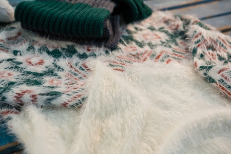 Close up of warm clothes on tableの写真素材