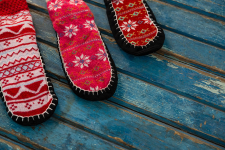Close up of woolen socks on wooden tableの写真素材