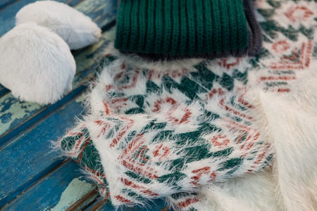 High angle view of warm clothes on tableの写真素材