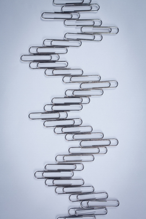 Close-up of paper clips arranged on white background