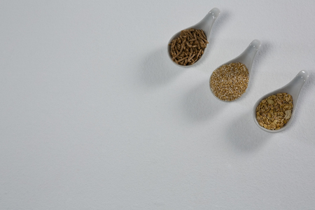 Various breakfast in spoon on white backgroundの写真素材