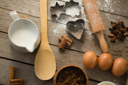 Directly above of ingredients and utensils on wooden table