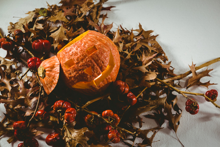 High angle view of jack o lantern with small pumpkins and autumn leaves over white backgroundの写真素材