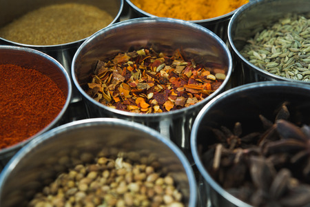 Close-up of typical spice box with multiple containersの写真素材