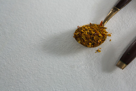 Close-up of green spice on spoonの写真素材