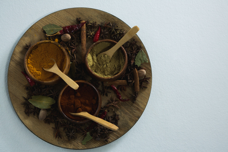 Close-up of various type spices on bowlの写真素材