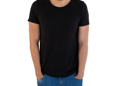 Mid-section of man posing against white backgroundの写真素材