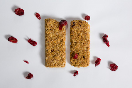 Close-up of granola bar on white backgroundの写真素材