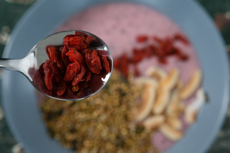 Close-up of healthy breakfast in spoonの写真素材