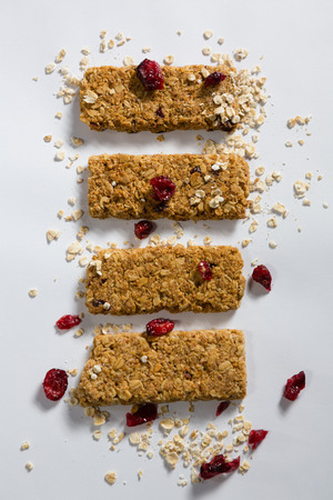 Close-up of granola bar on white backgroundの写真素材