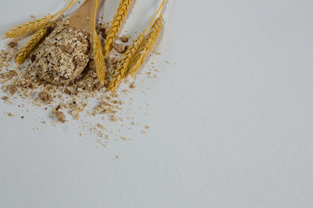 Overhead of breakfast cereals and barley on white backgroundの写真素材