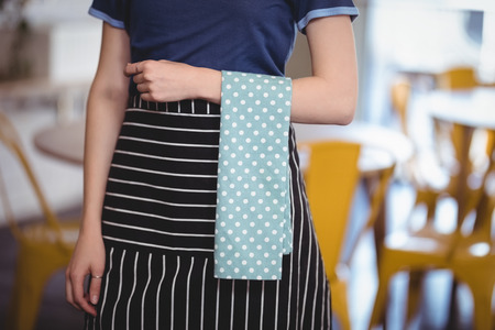 Midsection of young waitress with turquoise napkin standing at coffee shopの写真素材